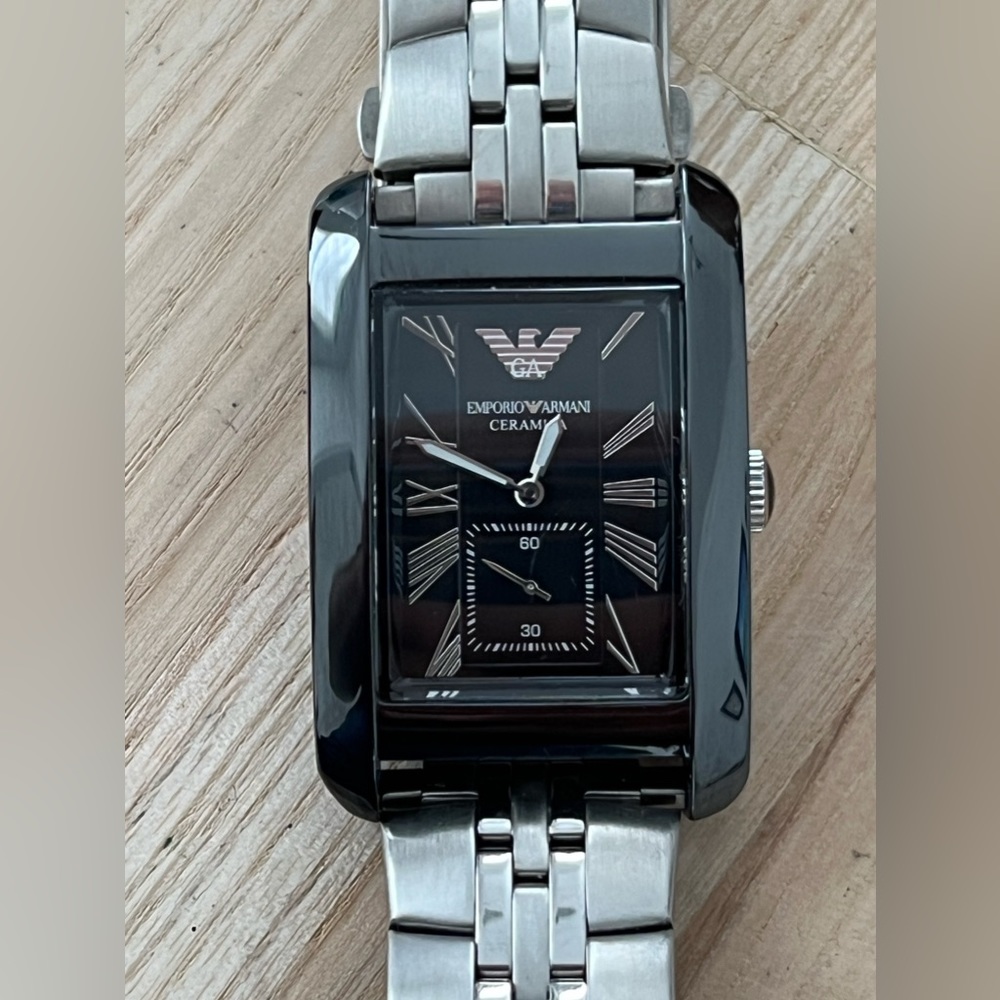 Emporio Armani Ceramic Case Watch New Stainless Bracelet Black Rectangular Dial